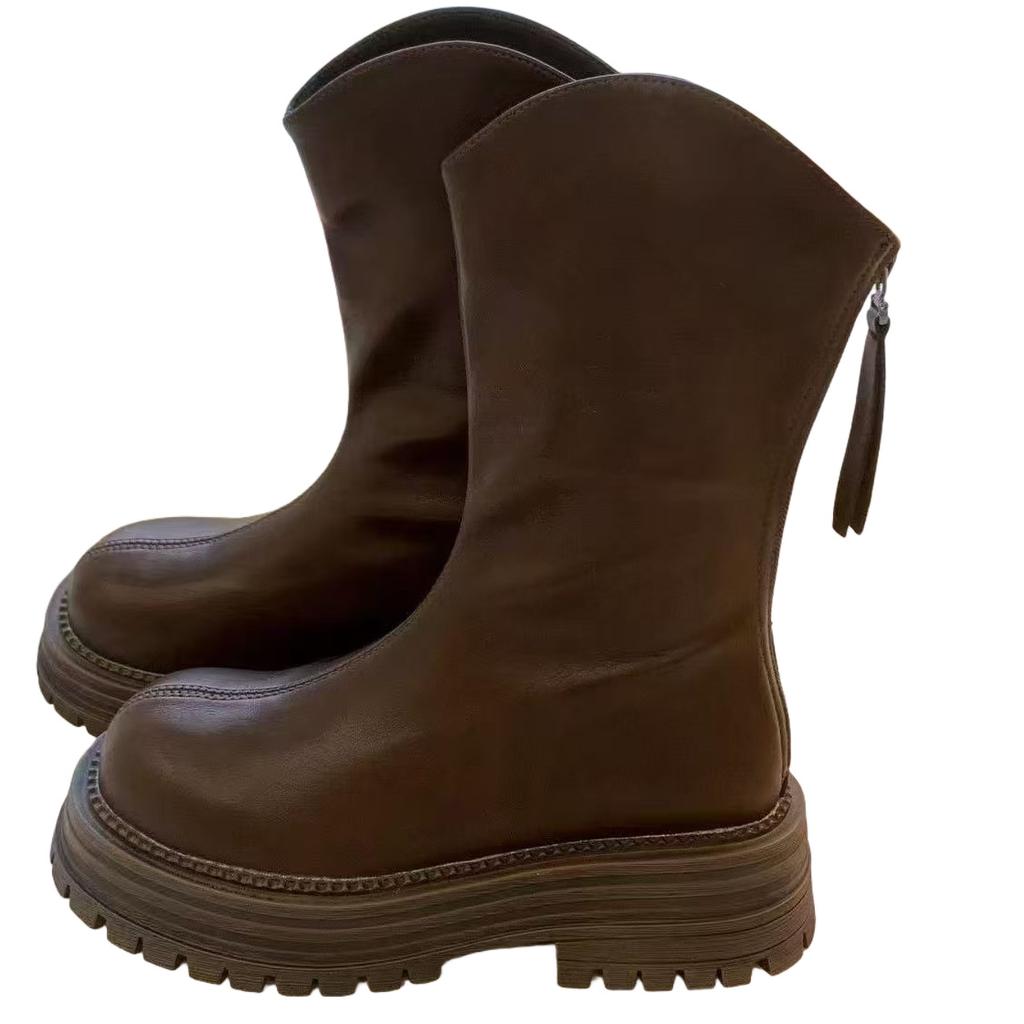 Schwarze dicksohlige dünne mittelhohe Martin-Stiefel für Damen Herbst und Winter 2025 neu retro vielseitig britischer Stil erhöhend dünn machende Stiefel