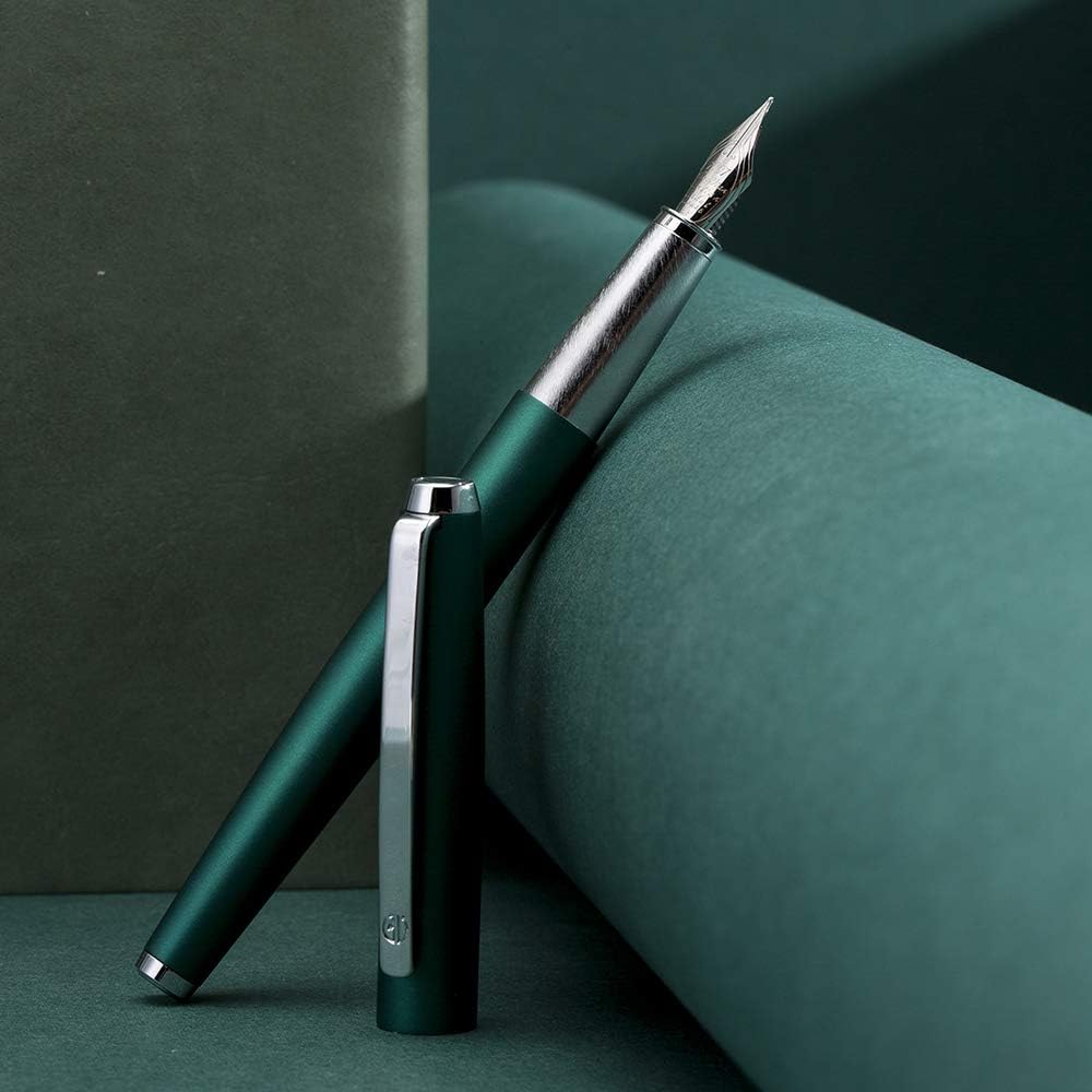 HongDian 525 Green Metal Fountain Pen, Extra Fine Nib Classic Pen, Includes Metal Pen Case and Refillable Converter