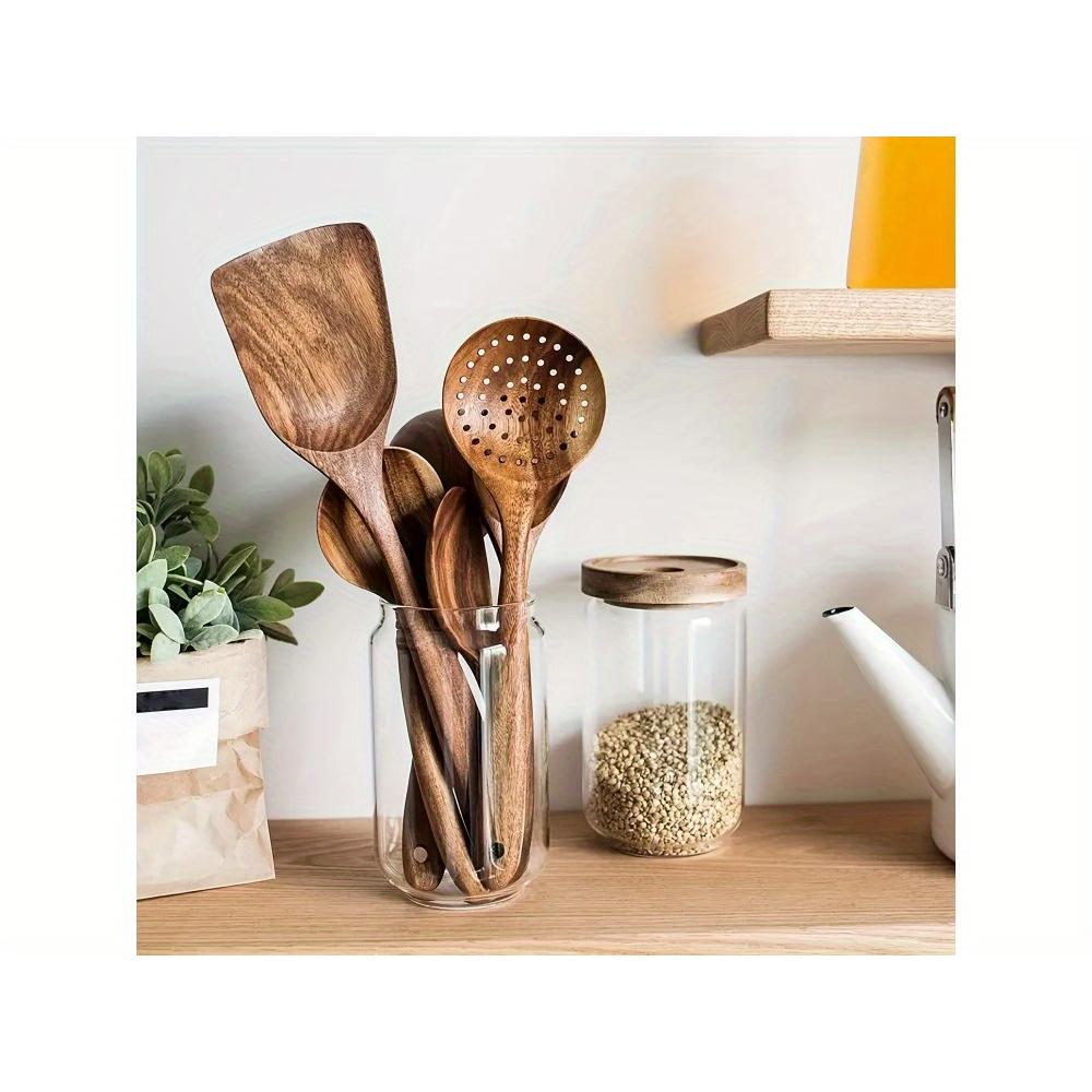 Juego de utensilios de cocina de madera de alta calidad - mango, cuchara de madera natural, espátula para cocinar, cuchara para sopa, espátula especial para sartenes antiadherentes