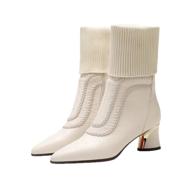 New Mid-calf Boots, Thick Heels, Pointed Toe, Fashionable Sock Boots, Short Boots, Women's Shoes, Mid-heels