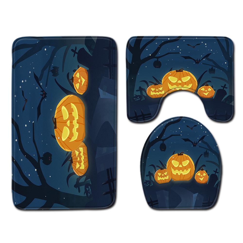 Halloween Duschvorhang Bodenmatte Kombination Vierteilige Haushalts-Fußmatte Schlafzimmer Rutschfester Teppich
