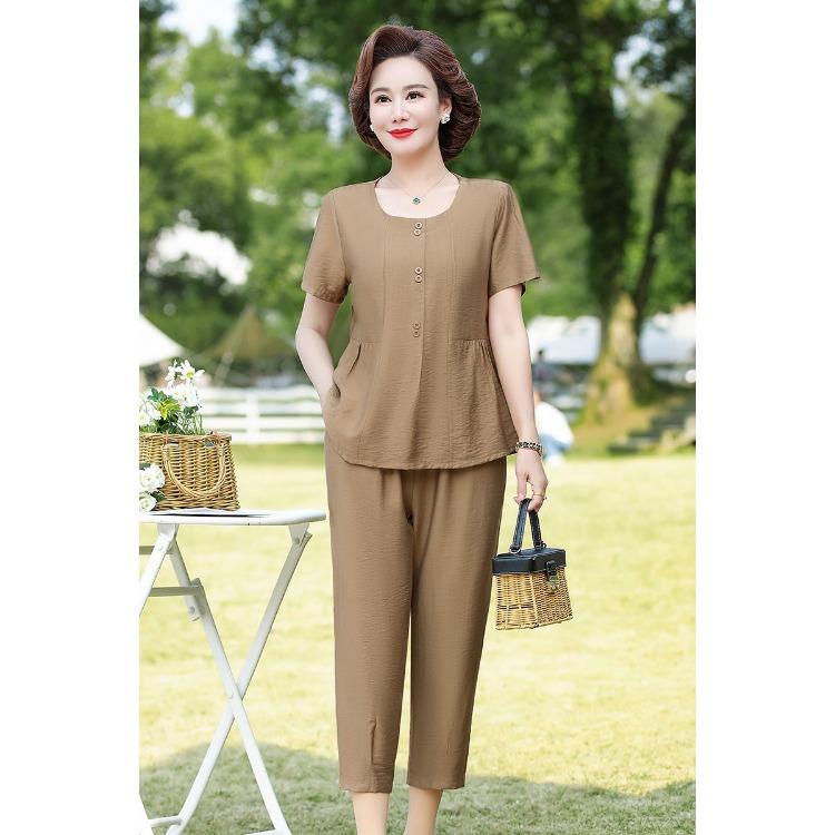 Summer Loose Fit Cotton Linen Two Piece Set for Middle Aged Women Slimming Casual Outfit