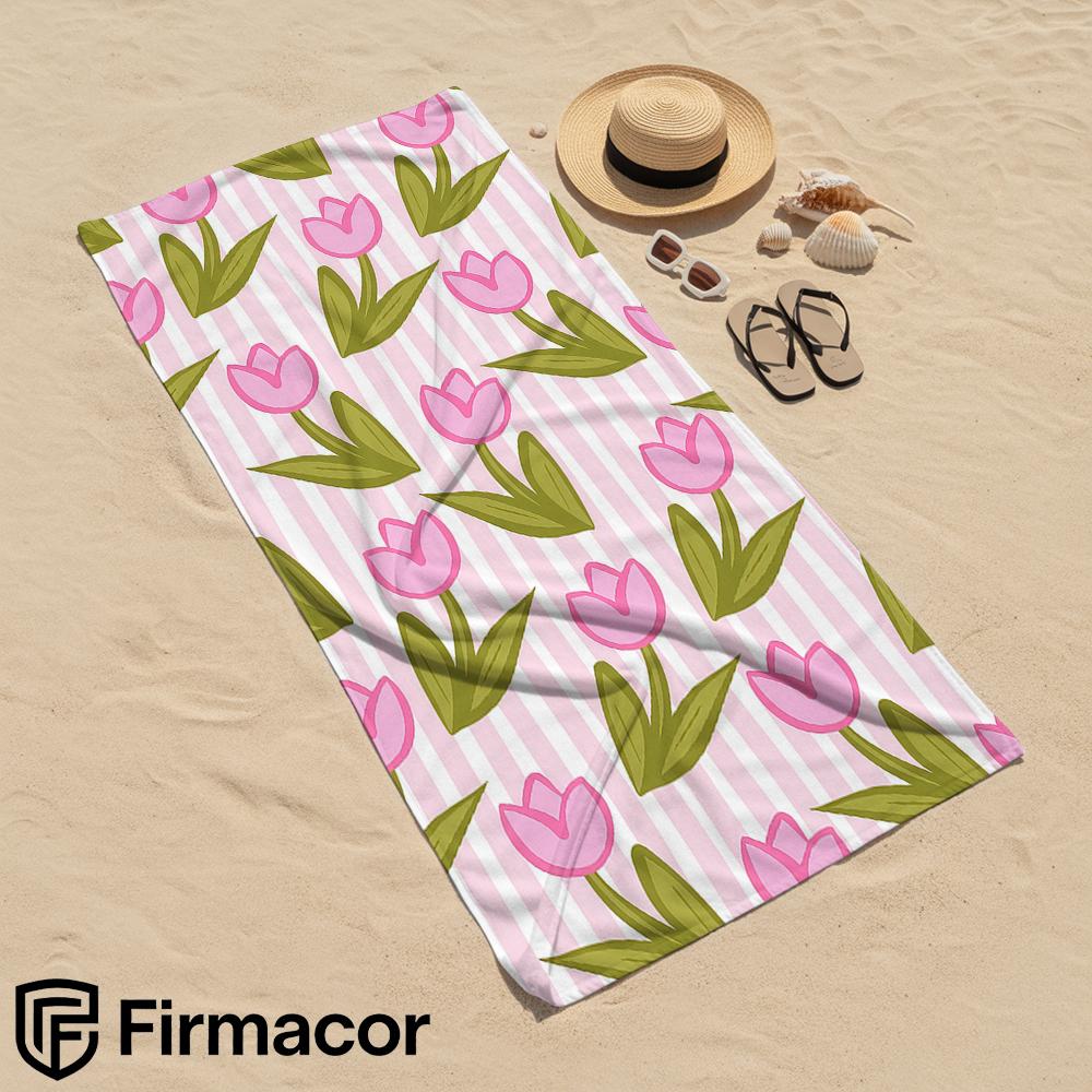 Pink Stripe Tulip Microfiber Beach Towel Quick Dry Sand Free Oversized Soft Absorbent Bath Towel for Swimming Pool Travel Gym