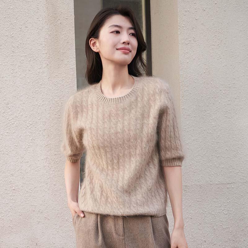 ELLASSAY Women's Crew Neck Cashmere Short-Sleeve Knit Top