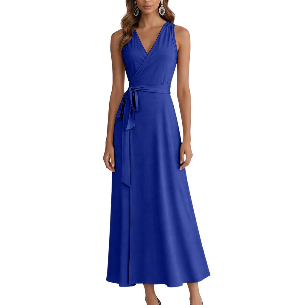 Sleeveless V Neck Wrap Dress for Women with Adjustable Waist Tie and Flared Hem Suitable for Daily Wear and Events