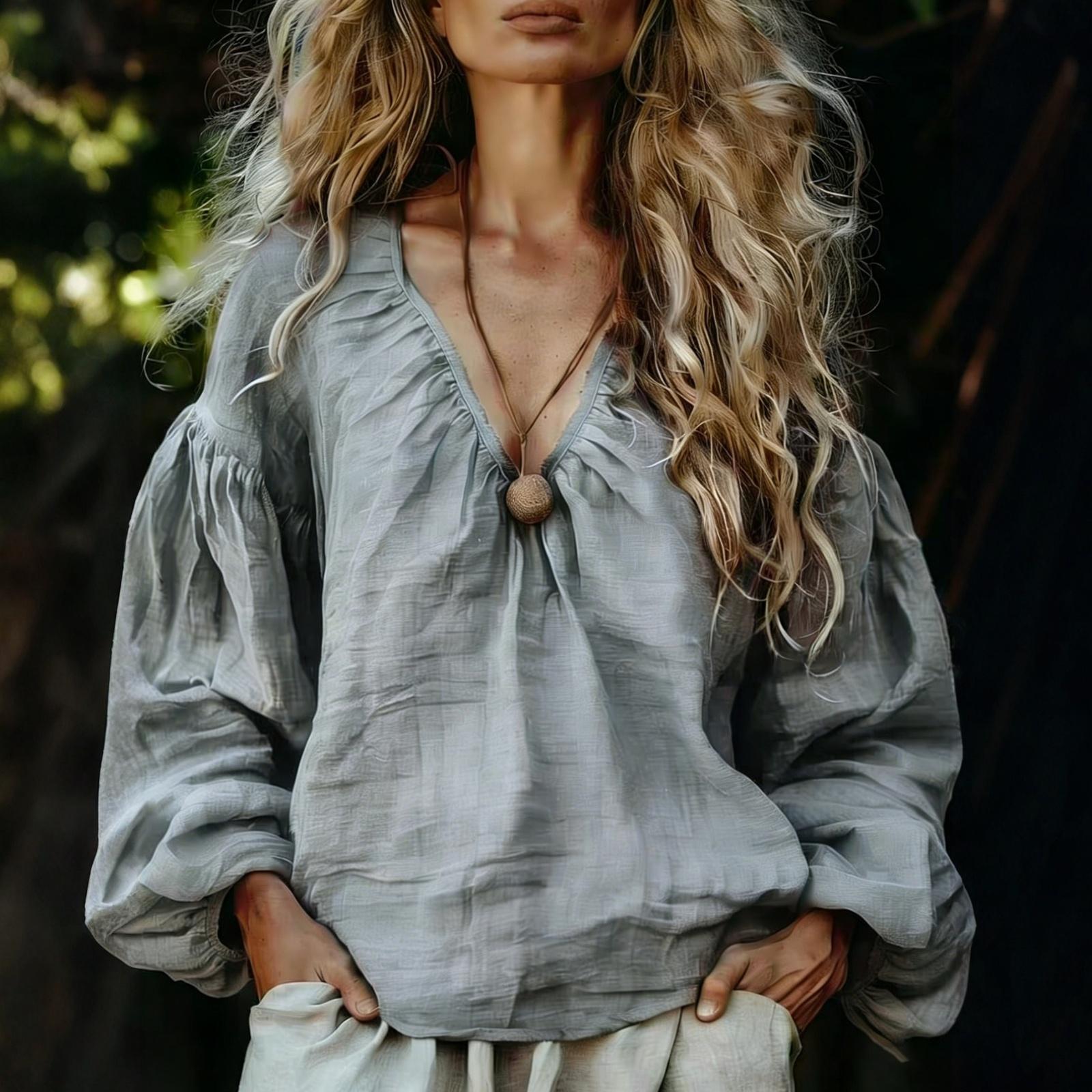 

Women s Simia Style Linen Loose Fit Long Sleeve Basic Top with V Neck and Gathered Shoulder Design for Casual Wear XXL