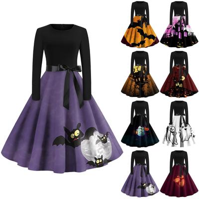 Halloween Print Flare Kleid für Frauen Langarm Kleid Hohl Party Casual Kleider