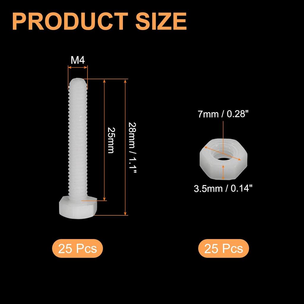 uxcell 25 Pair Nylon Screws Nuts Assortment, M4x25mm Hex Screws Bolts and M4 Hex Nuts for Machinery Electronics Industrial Accessories, White