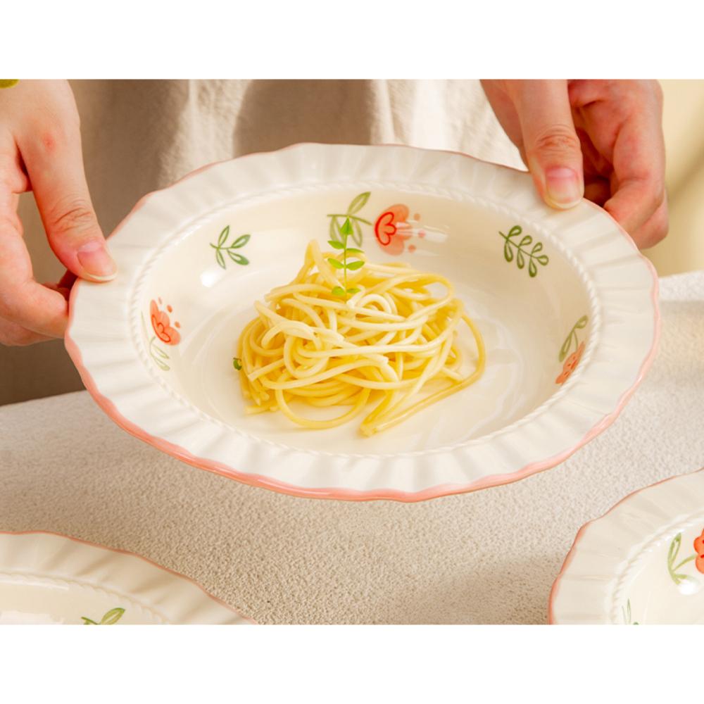 Plato de Cerámica Creativo Estilo Coreano Lindo Floral Hecho a Mano Porcelana Vajilla Pasta Verdura Fruta Ensalada Postre Platos Hondos