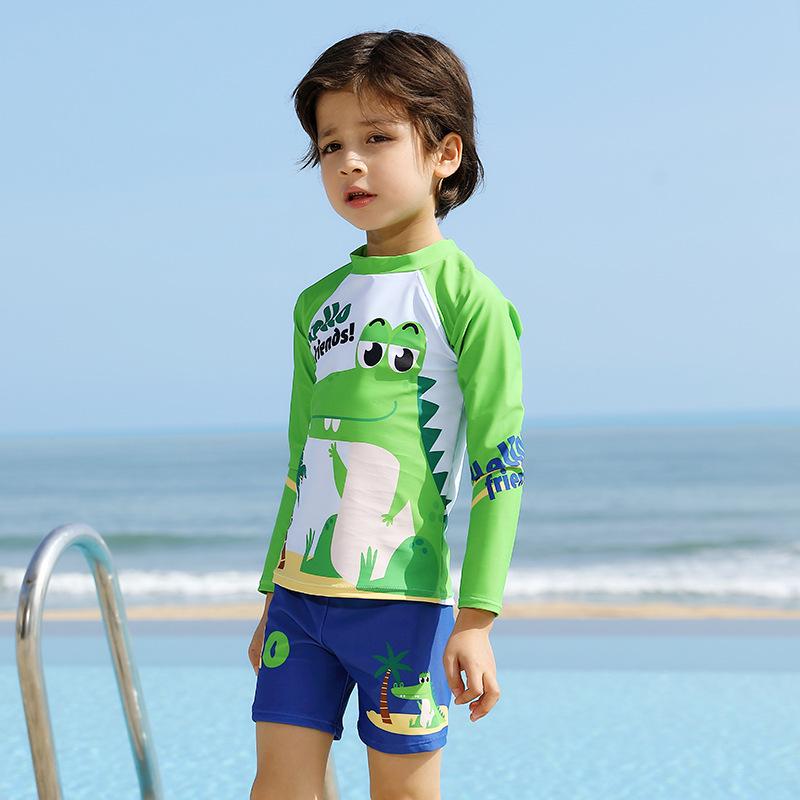 

2025 Купальник с длинным рукавом для мальчиков с динозавром - Мультяшный дизайн, Быстросохнущий, Защита от УФ-лучей, Двухкомпонентный для детей M