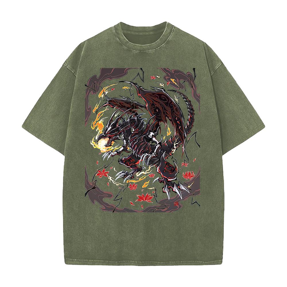 Anime T-shirt Red Eyes Black Dragon Short Sleeve Tee Shirt Vintage Summer Washed Pure Cotton Tops Men's Clothing
