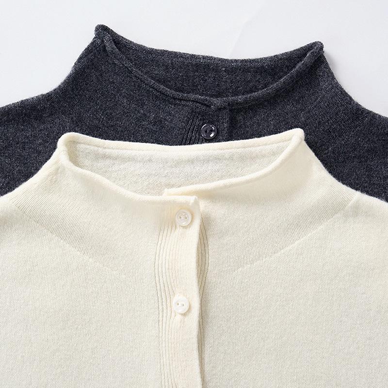 Women's Early Spring 2026 Wool Cardigan: Stand Collar, Long Sleeve, Slim Fit Knitwear