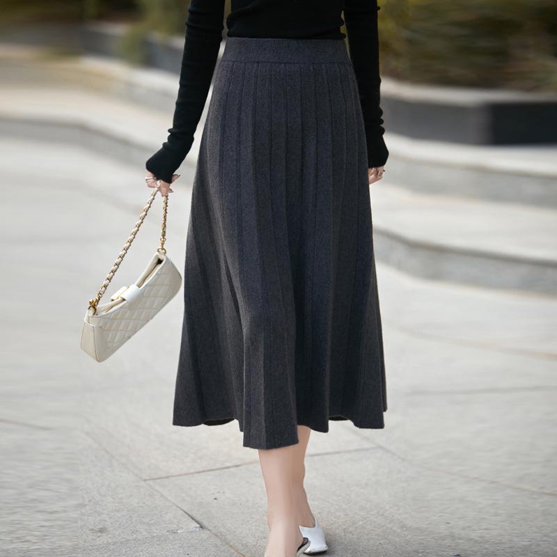 Women's Gray High-Waist Pleated A-line Skirt for Autumn/Winter - Mid-Length, Slimming, Petite Fit