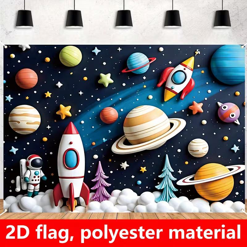 2D Galaxy Kids Tapestry, Colorful Planets, Rocket & Astronaut Wall Decor