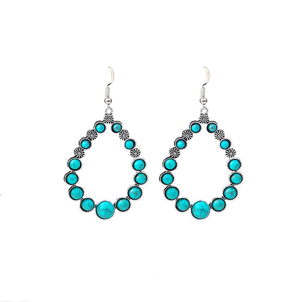 Retro Ethnic Turquoise Earrings: Blue Hollow Flower, Tassel, Owl, and Water Drop Designs