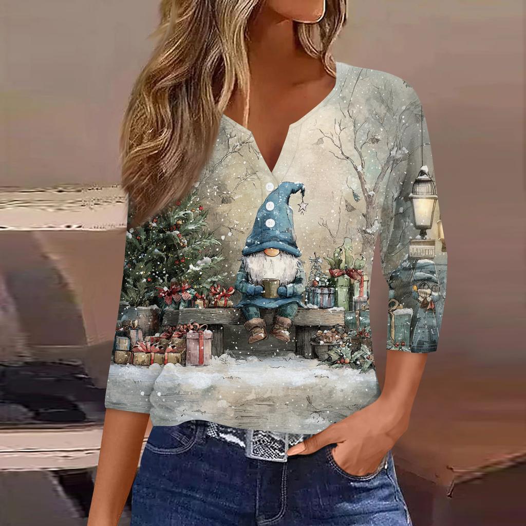 Women's Fashion Casual Christmas Print V-Neck Short Sleeve Decorative Button Three-quarter Sleeve T-shirt Top
