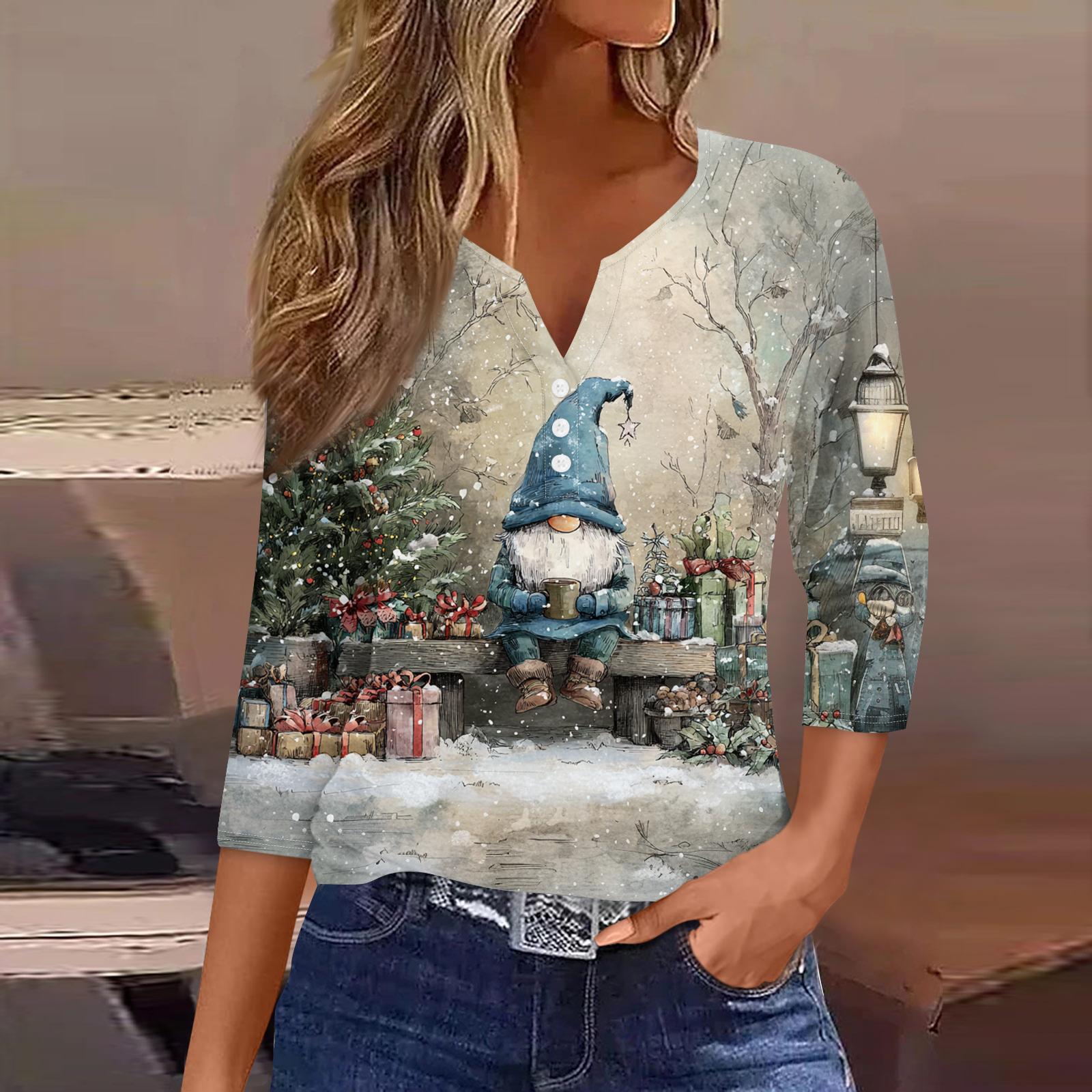 

Женская модная повседневная футболка с V-образным вырезом, короткими рукавами, декоративными пуговицами и рукавами три четверти с рождественским принтом L хаки