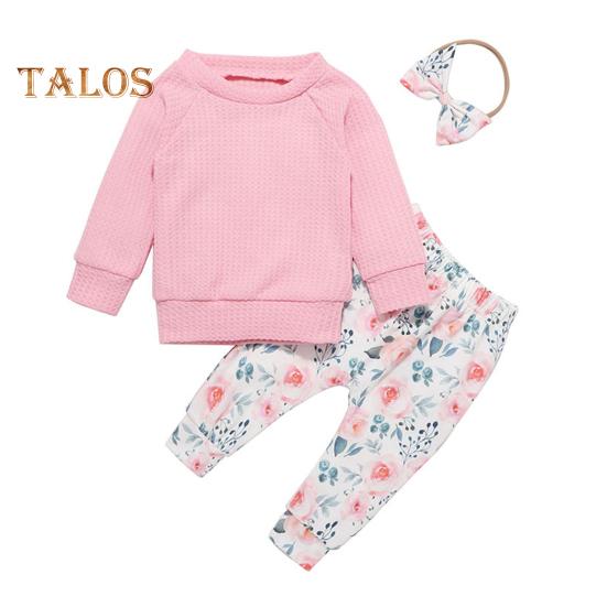 

3 шт./компл. Детский костюм из топа и брюк с бантом, повязкой на голову, цветочным принтом, круглым вырезом, длинными рукавами, эластичным поясом и брюками, наряд для различных случаев 80cm розовый