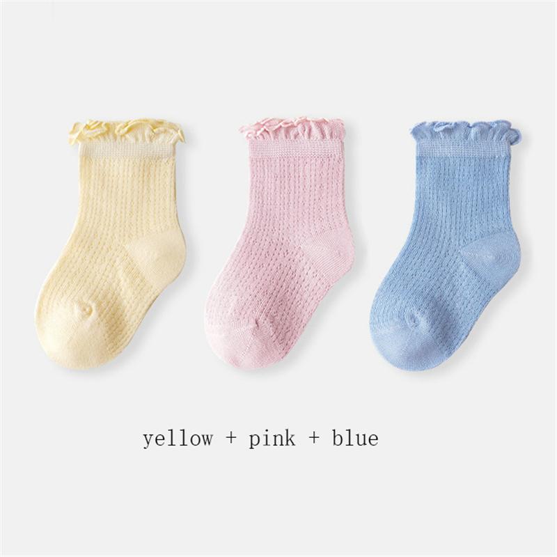 3 Pary/Partia Letnie Dziecięce Siateczkowe Cienkie Skarpetki Jednolite Miękkie Bawełniane Skarpetki Noworodkowe Księżniczka Falbanka Niemowlę Maluch Dziewczynki Śliczne Oddychające Skarpetki