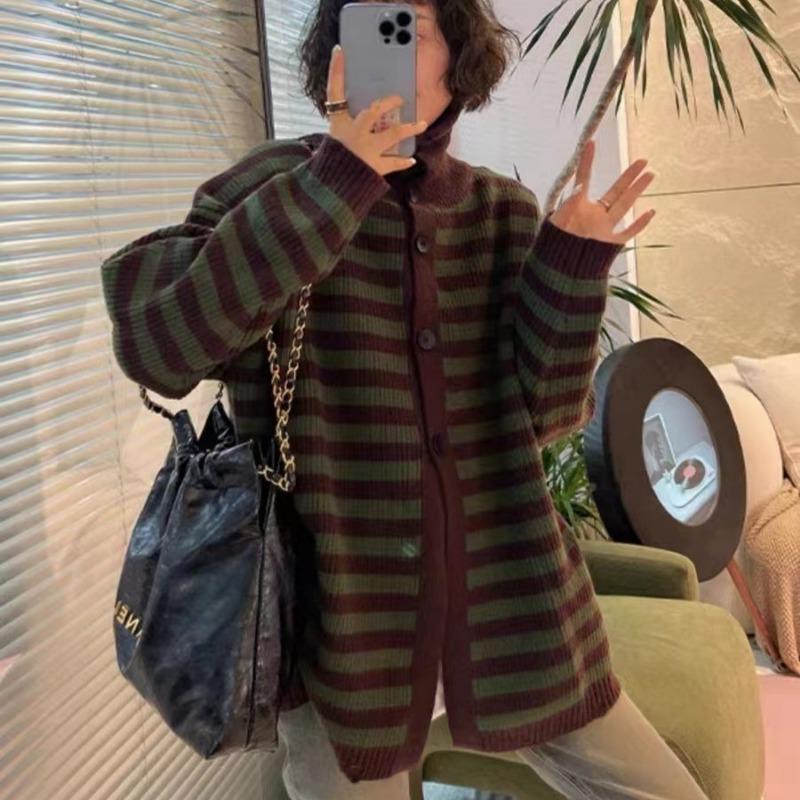 Autumn and winter new contrasting color stripes loose outside wear lazy style knitted cardigan soft waxy casual sweater jacket women