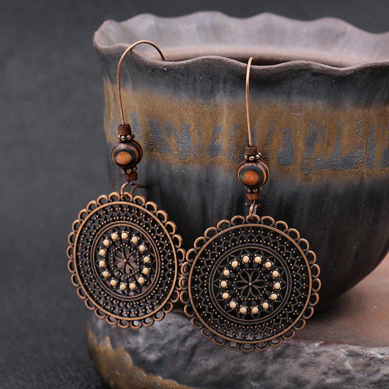 GemChic Women's New Vintage Round Flower Wood Beads Earrings Ethnic Fashion Hook Earrings Birthday Christmas Jewelry Gift
