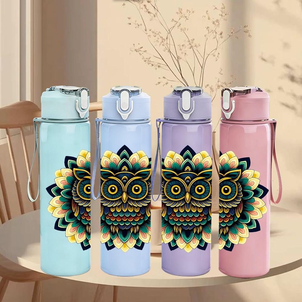 1PC Colorful Owl Mandala Pattern 750ml Color Plastic Sports Water Bottle Leakproof Flip Straw Lid Suitable for Sports Office Home Use