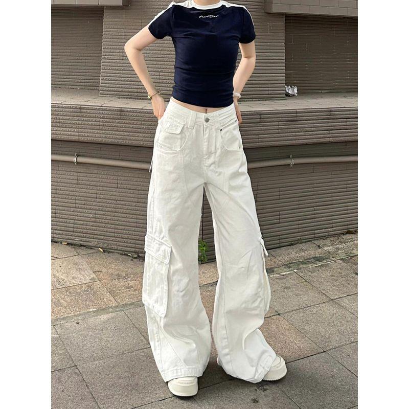 Plus size American High Street White Cargo Jeans Women Summer High Waist Straight Loose Drape Mop Wide Leg Pants