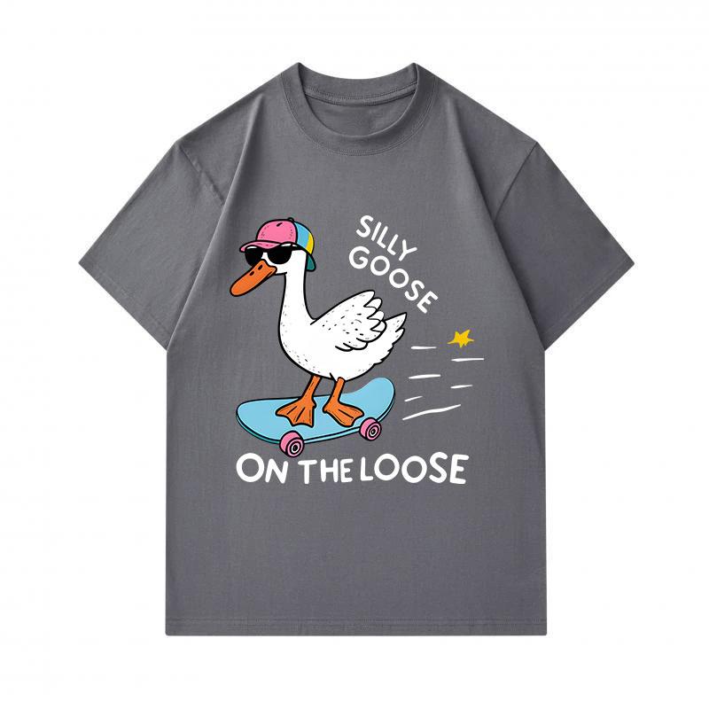 Men's 100% Cotton Crew Neck Short Sleeve T-Shirt, Funny Silly Goose Skateboarding Print Casual Summer Tee, Lightweight Breathable Loose Fit Top for Da