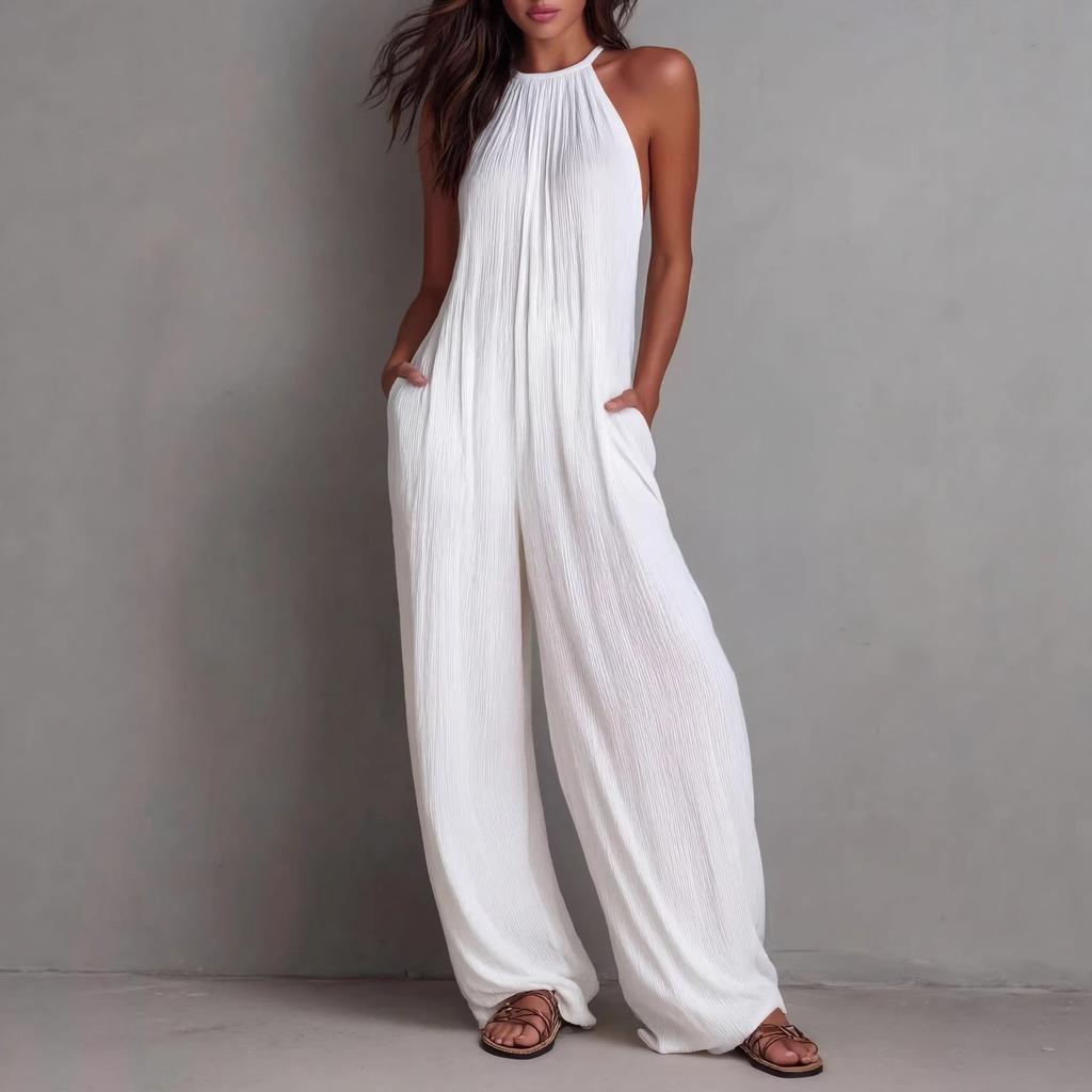 Women S Sleeveless Backless Wide Leg Jumpsuit White Vacation Style