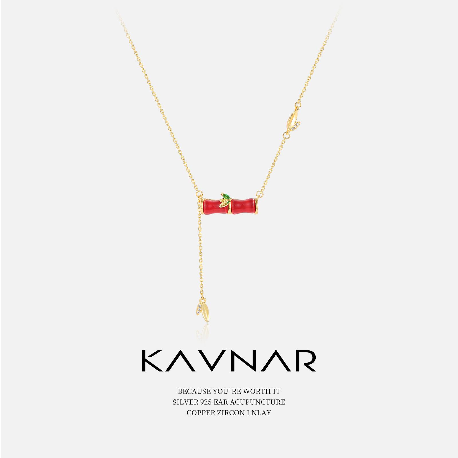 KAVNAR Necklace Elegant 14K Gold Plated Bamboo Pendant Necklace With Cubic Zirconia for Women