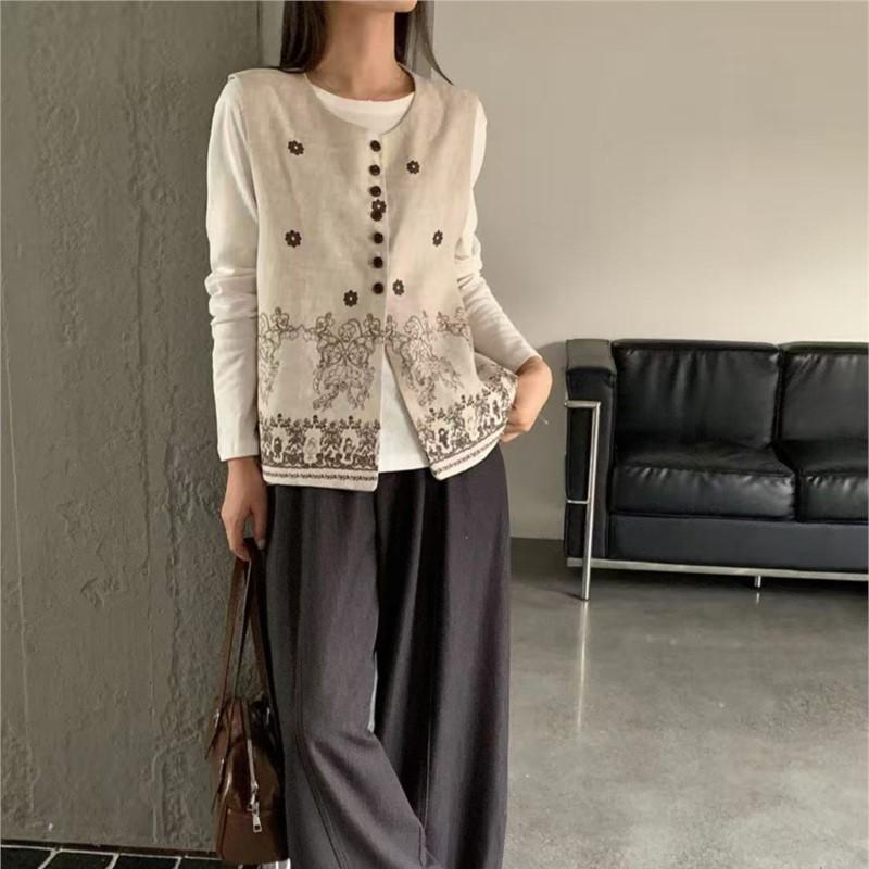 Johnature Bohemian Round Neck Printed Loose Vest For Women Versatile Casual Sleeveless Coat