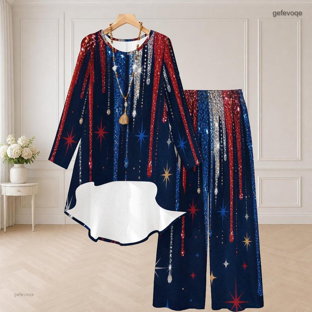 Women Plus Size Round Neck Long Sleeve Red Blue White Printed High Low Top Wide Leg Pants Two Piece Set
