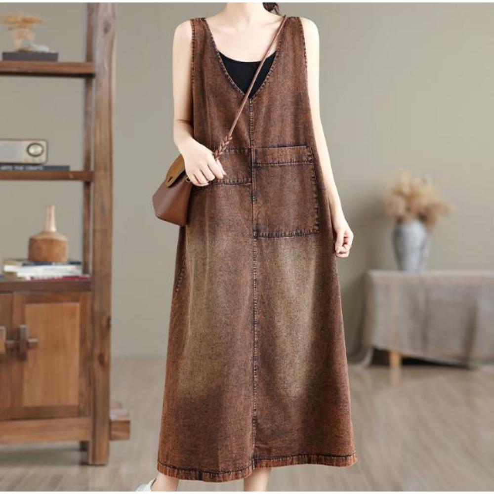 Vestito Salopette in Denim Lavato Retrò da Donna Vestibilità Larga Lungo Maxi Linea ad A Casual Tuta Vestito