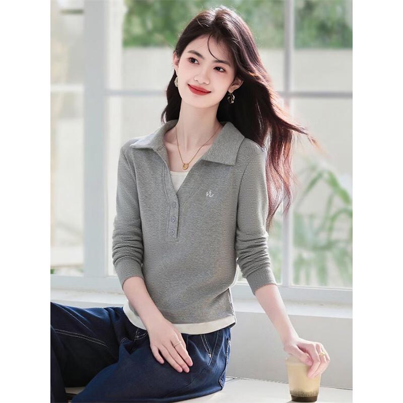 Women s Patchwork Polo Neck Long Sleeve Top M