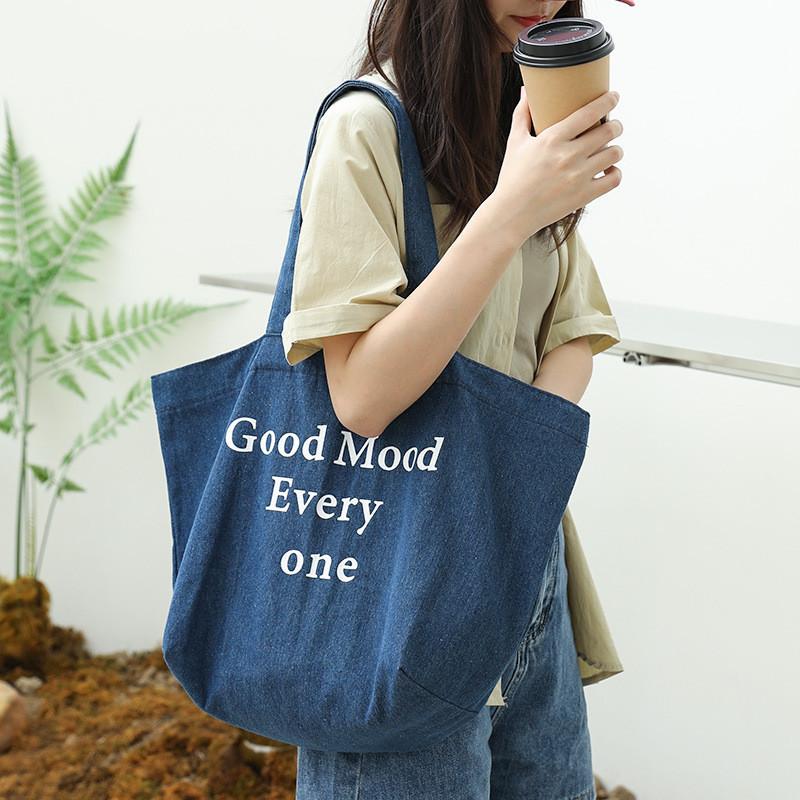 IELGY Japanese Retro Denim Handbag, Casual Printed Letter Shoulder Women's Bag
