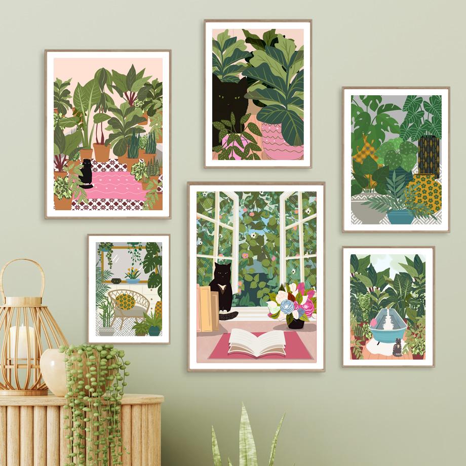 

Тропические растения, черная кошка, теплица, ванная комната, настенная живопись, постеры и принты, настенная картина для гостиной