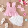 Girls Clothing Set 1-8Y Kids Pink Stripe Ruffled Sleeve Top with Elastic Waist Shorts 3 Piece Outfit Summer Casual Kids Clothes