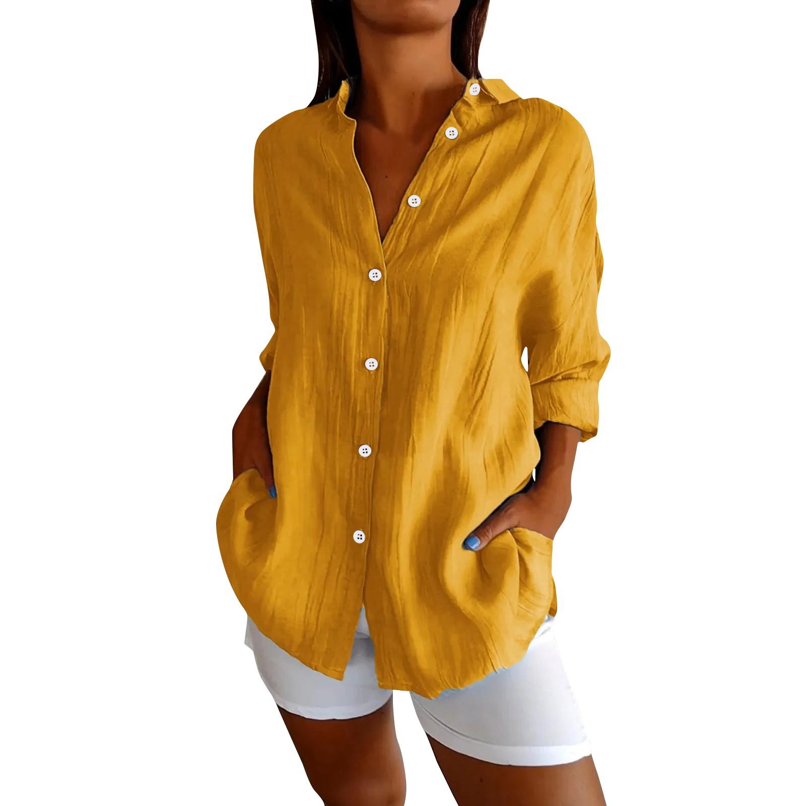 Women s Color Fashionable Single Breasted Pleated Lapel Shirt L жёлтый