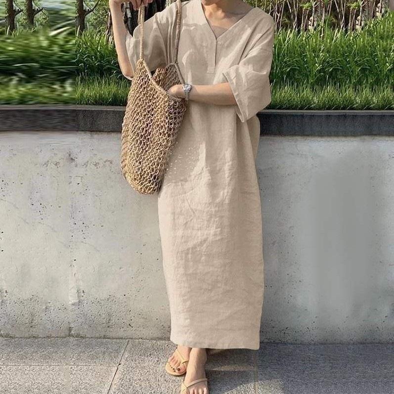 European and American new women's clothing, loose short-sleeved v-neck solid color large-size cotton and linen dress