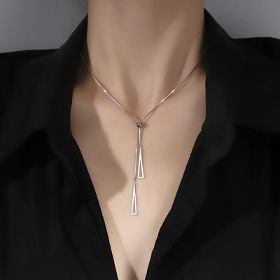 925 Sterling Silver Geometric Retractable Necklace Simple Glossy Hollow Triangle Box Chain Female Clavicle Chain Wedding Jewelry