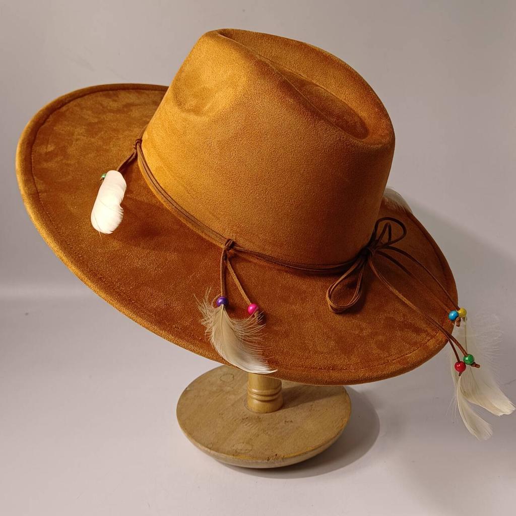 2026Bohemian style suede hat, brim 9.5 cm fedora with feather accessories, classic church hat, wide brim hat, women's hat