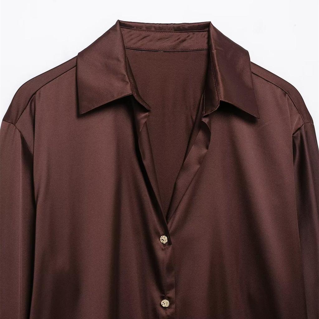 2025 Spring Women's Elegant Silk Satin Lapel Shirt - Casual, Loose Fit