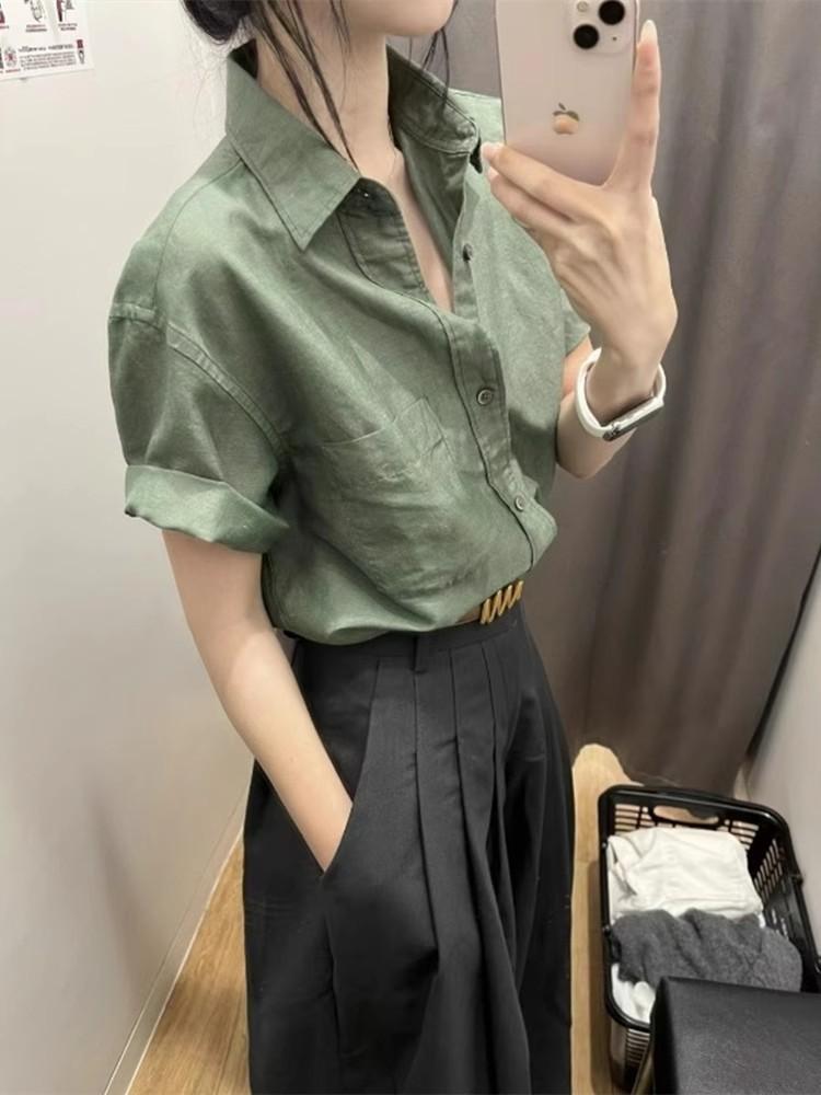 Green Cotton and Linen Front Shoulder Short-sleeved Shirt Women's Summer Thin Feel Super Good-looking Linen Shirt Polo Collar Top