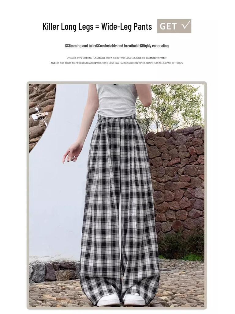 Women's Blue Ice Silk Plaid High-Waisted Wide-Leg Pants - Spring/Summer 2026 Collection