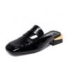 Baotou slippers women's outer wear 2025 European and American style square head low heel flat bottom sandals cowhide square buckle loafers lazy drag