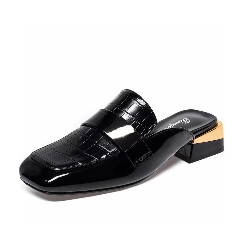 Baotou slippers women's outer wear 2025 European and American style square head low heel flat bottom sandals cowhide square buckle loafers lazy drag