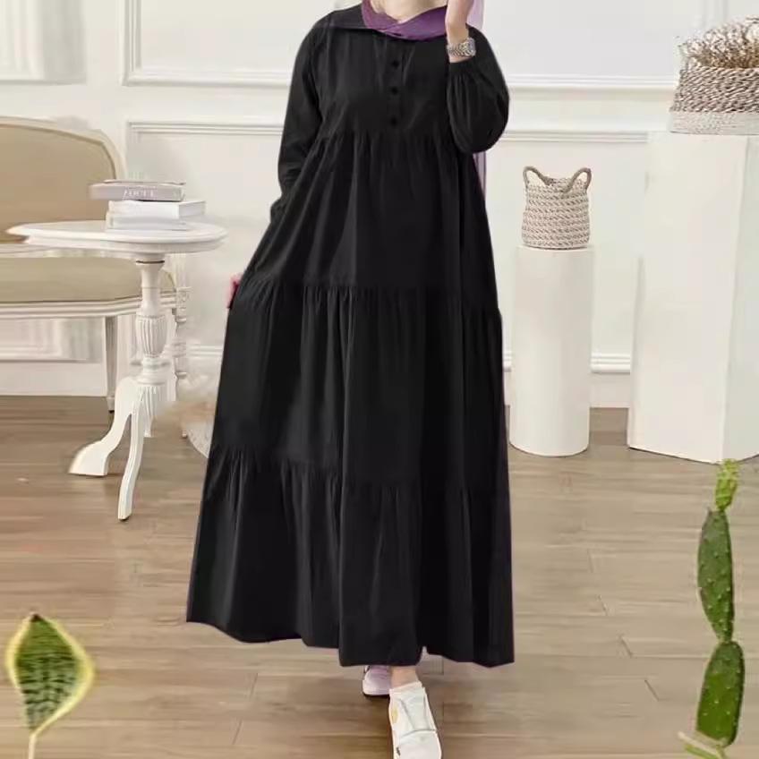 2024 Muslim Solid Color Loose Casual Button-Down Cotton Linen Dress with Long Sleeves