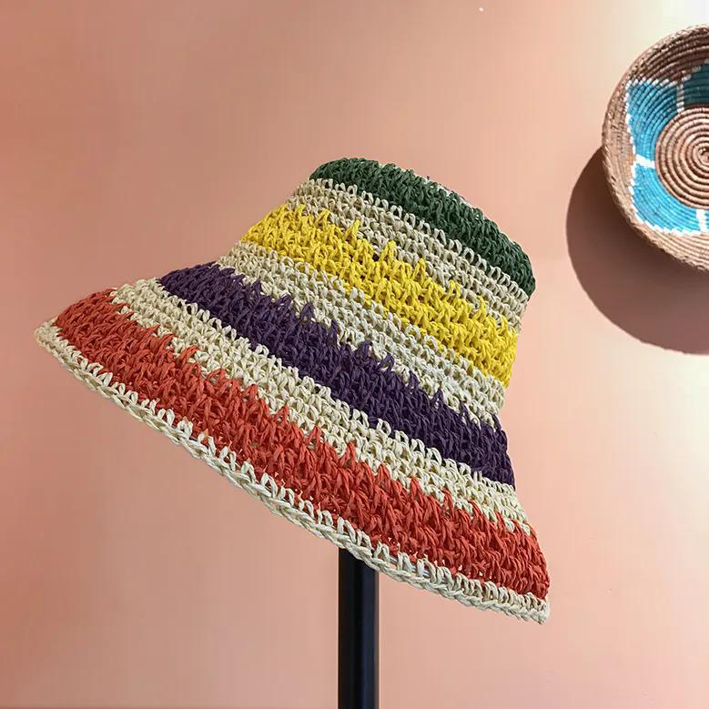 WTEMPO Coloful Striped Hollow-out Sun Hats Retro Elegant Summer Beach Sunscreen Hats Wide Brim Foldable Large Hats