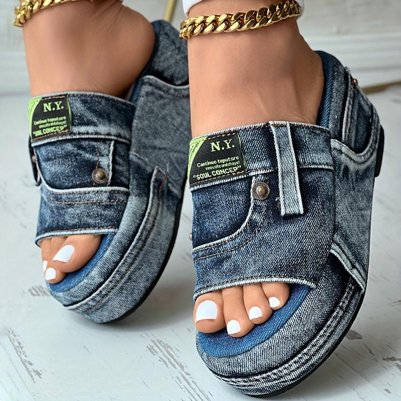 Women's Denim Platform Sandals, Fashion Open Round Toe Non Slip Slides, Outdoor Wedge Sandals
