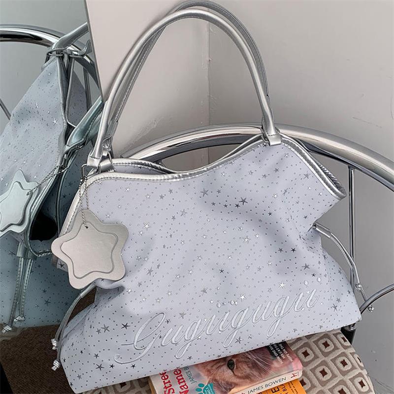 Sparkling Star Polka Dot Shoulder Bag Korean Letter Embroidery Tote Bag Y2k Style Drawstring Shoulder Bag With Pendant Handbag